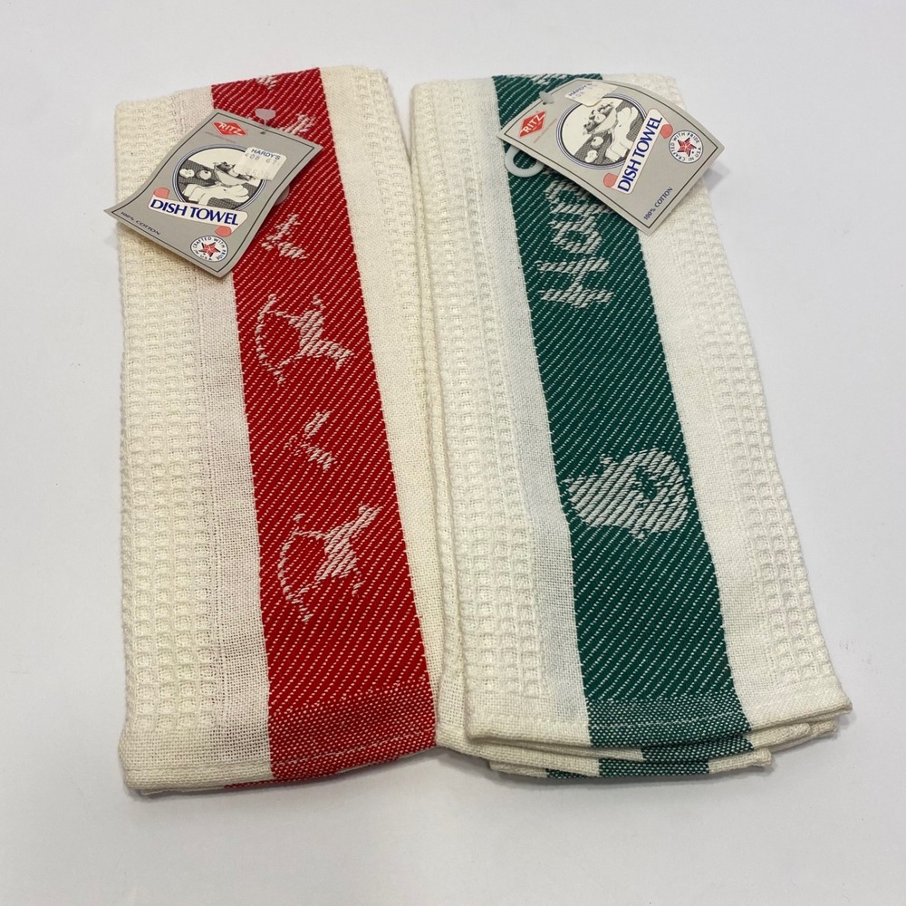 Ritz Dish Towel Set Red Green NEW Vintage 100% Cotton Waffle Weave USA